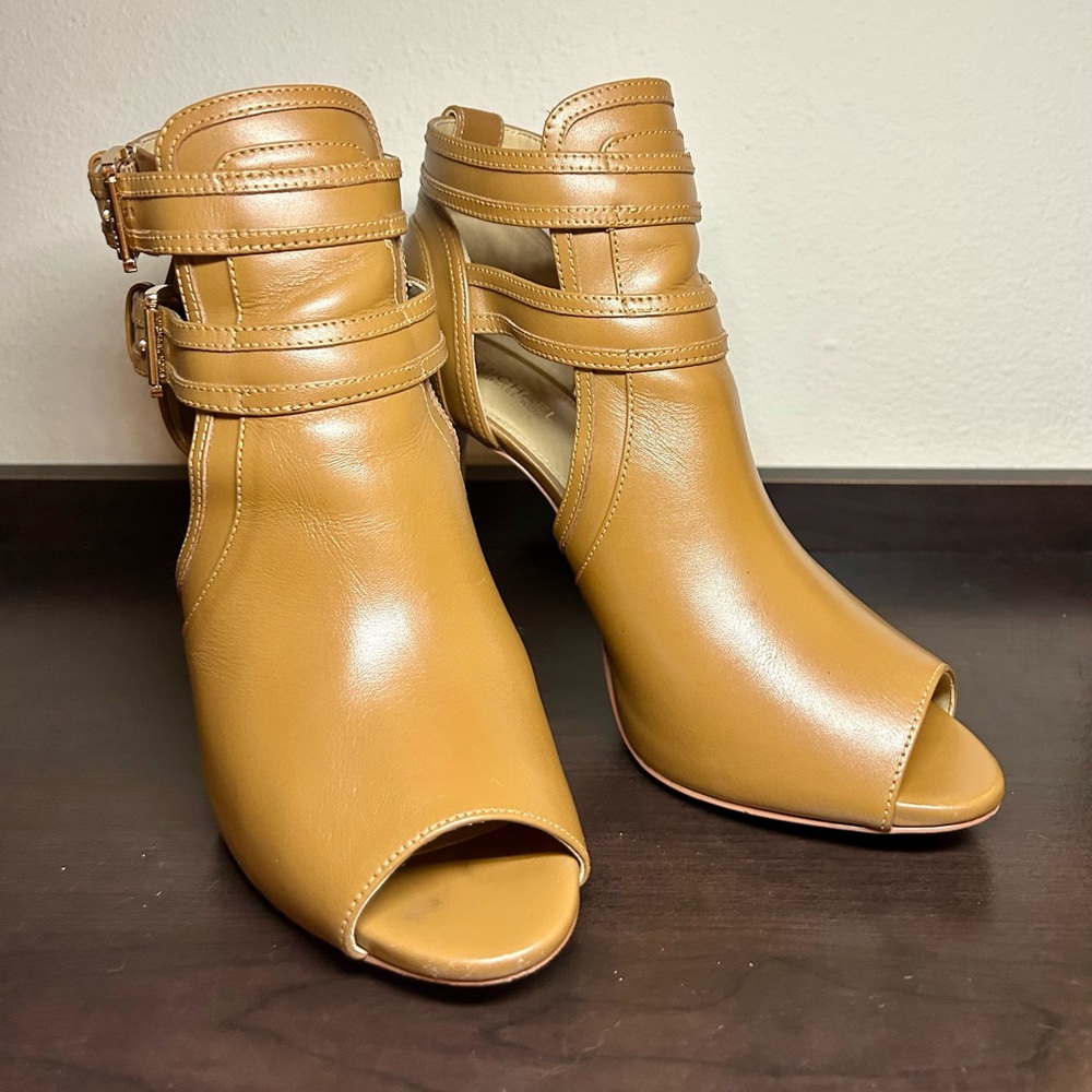 MICHAEL Michael Kors Tan Ankle Booties with Peep-Toe Design